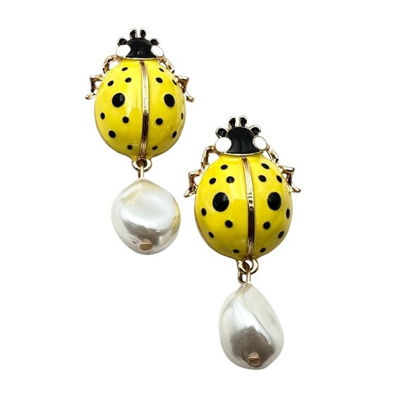 Womens Earrings Pierced Lady Bug Yellow Enamel Faux Pearl Gold Tone Chandelier - Picture 1 of 4